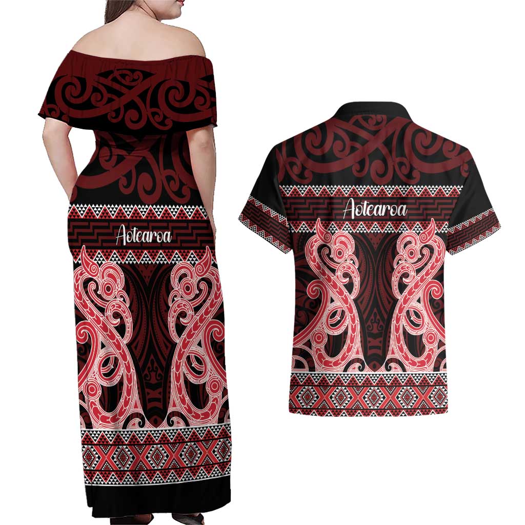 Kia Ora New Zealand Couples Matching Off Shoulder Maxi Dress and Hawaiian Shirt Maori Language Week Whero Taniko Motif - Polynesian Pride