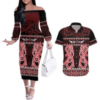 Kia Ora New Zealand Couples Matching Off The Shoulder Long Sleeve Dress and Hawaiian Shirt Maori Language Week Whero Taniko Motif - Polynesian Pride