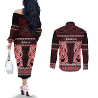 Kia Ora New Zealand Couples Matching Off The Shoulder Long Sleeve Dress and Long Sleeve Button Shirt Maori Language Week Whero Taniko Motif - Polynesian Pride