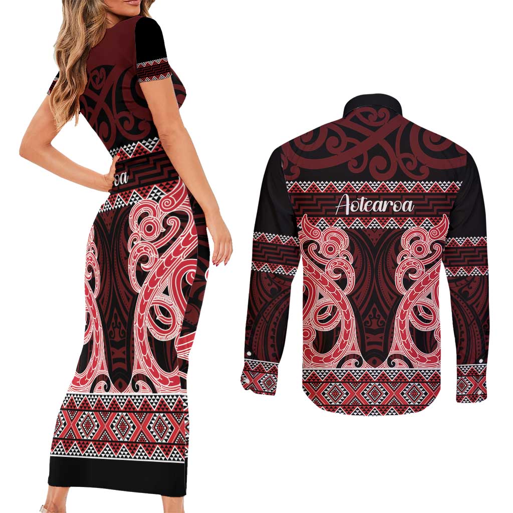 Kia Ora New Zealand Couples Matching Short Sleeve Bodycon Dress and Long Sleeve Button Shirt Maori Language Week Whero Taniko Motif - Polynesian Pride