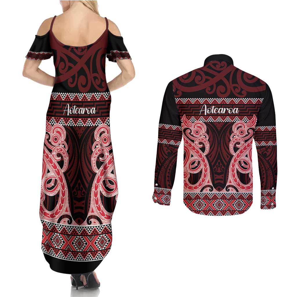 Kia Ora New Zealand Couples Matching Summer Maxi Dress and Long Sleeve Button Shirt Maori Language Week Whero Taniko Motif - Polynesian Pride