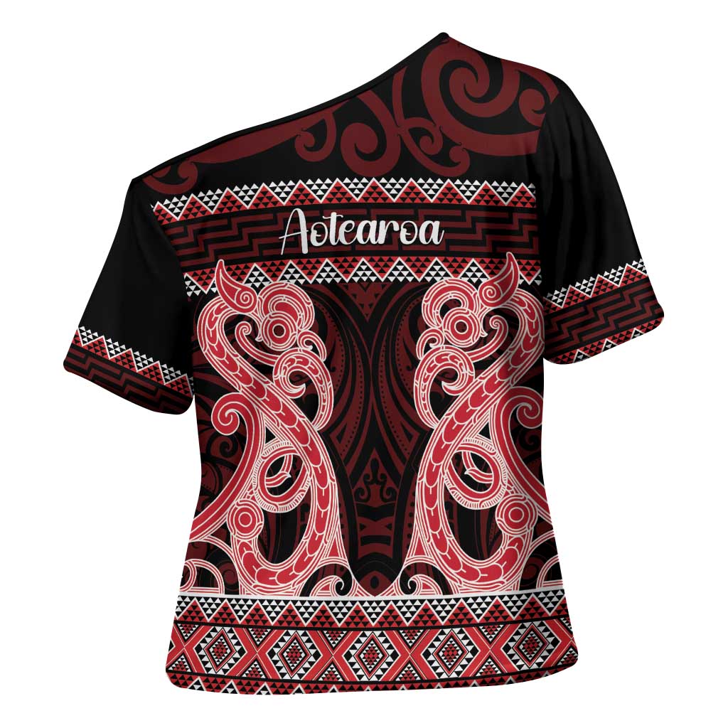 Kia Ora New Zealand Cross Shoulder Shirt Maori Language Week Whero Taniko Motif - Polynesian Pride