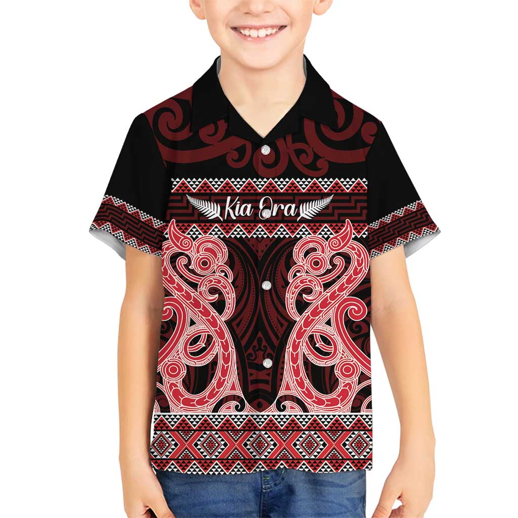Kia Ora New Zealand Family Matching Long Sleeve Bodycon Dress and Hawaiian Shirt Maori Language Week Whero Taniko Motif - Polynesian Pride