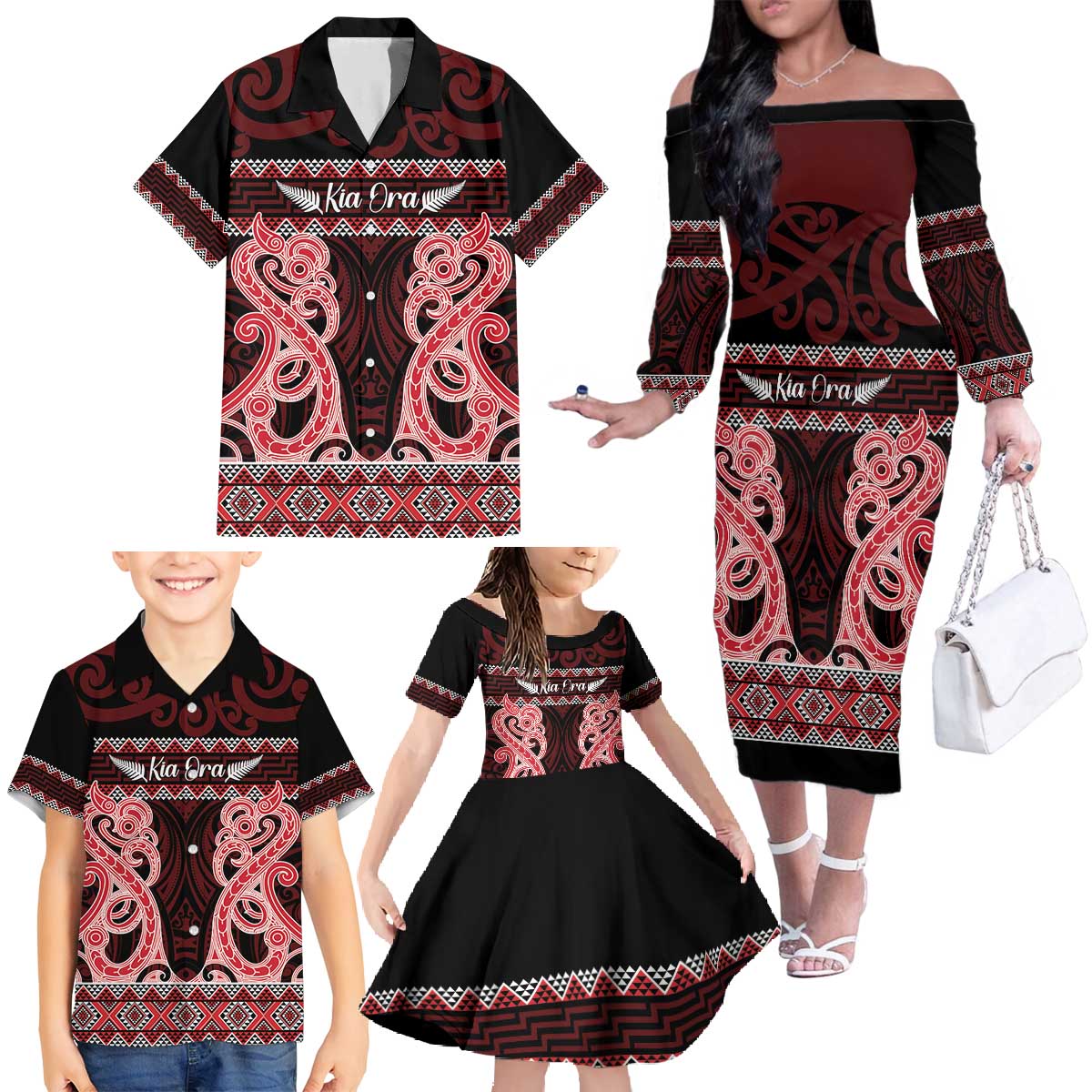 Kia Ora New Zealand Family Matching Off The Shoulder Long Sleeve Dress and Hawaiian Shirt Maori Language Week Whero Taniko Motif - Polynesian Pride