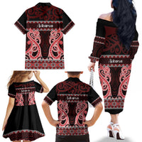 Kia Ora New Zealand Family Matching Off The Shoulder Long Sleeve Dress and Hawaiian Shirt Maori Language Week Whero Taniko Motif - Polynesian Pride
