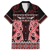 Kia Ora New Zealand Family Matching Off The Shoulder Long Sleeve Dress and Hawaiian Shirt Maori Language Week Whero Taniko Motif - Polynesian Pride