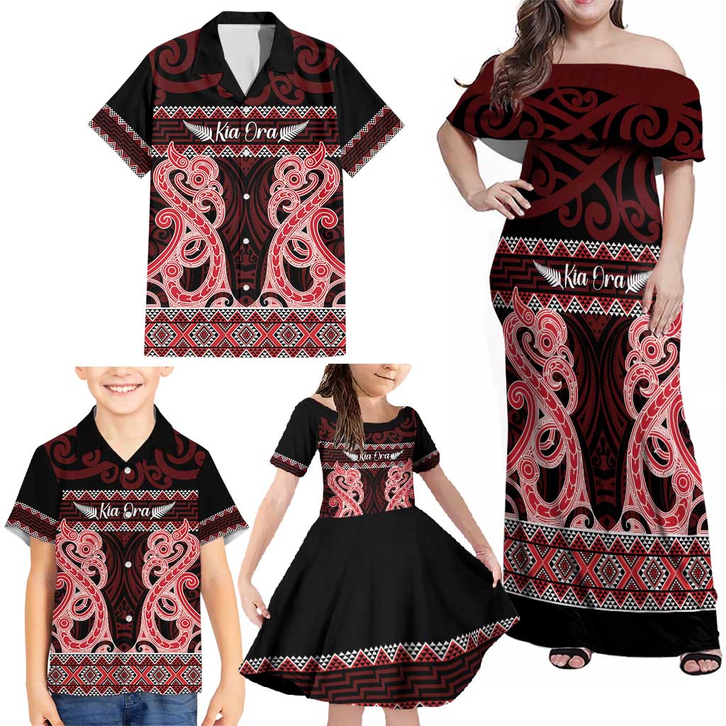 Kia Ora New Zealand Family Matching Off Shoulder Maxi Dress and Hawaiian Shirt Maori Language Week Whero Taniko Motif - Polynesian Pride