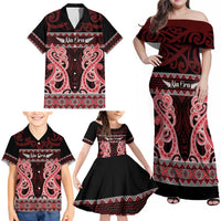 Kia Ora New Zealand Family Matching Off Shoulder Maxi Dress and Hawaiian Shirt Maori Language Week Whero Taniko Motif - Polynesian Pride