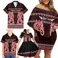Kia Ora New Zealand Family Matching Off Shoulder Short Dress and Hawaiian Shirt Maori Language Week Whero Taniko Motif - Polynesian Pride