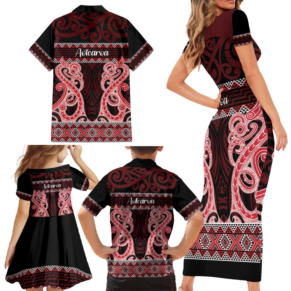 Kia Ora New Zealand Family Matching Short Sleeve Bodycon Dress and Hawaiian Shirt Maori Language Week Whero Taniko Motif - Polynesian Pride