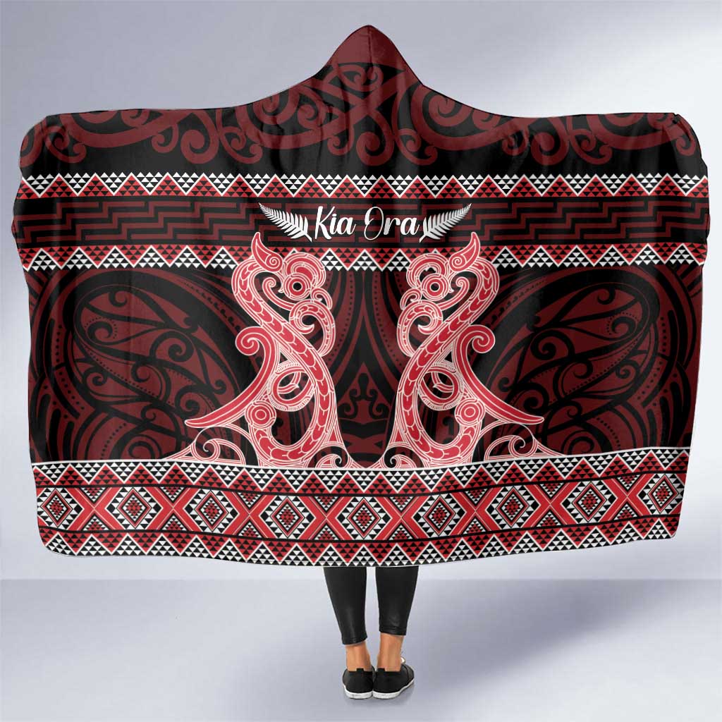 Kia Ora New Zealand Hooded Blanket Maori Language Week Whero Taniko Motif - Polynesian Pride