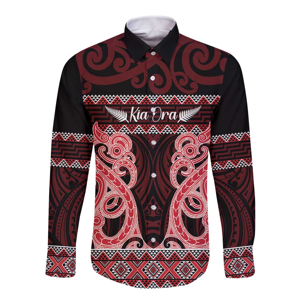 Kia Ora New Zealand Long Sleeve Button Shirt Maori Language Week Whero Taniko Motif - Polynesian Pride