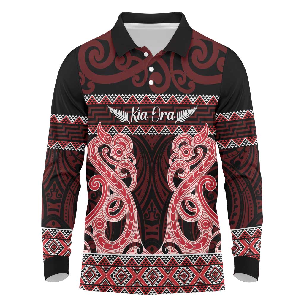 Kia Ora New Zealand Long Sleeve Polo Shirt Maori Language Week Whero Taniko Motif - Polynesian Pride