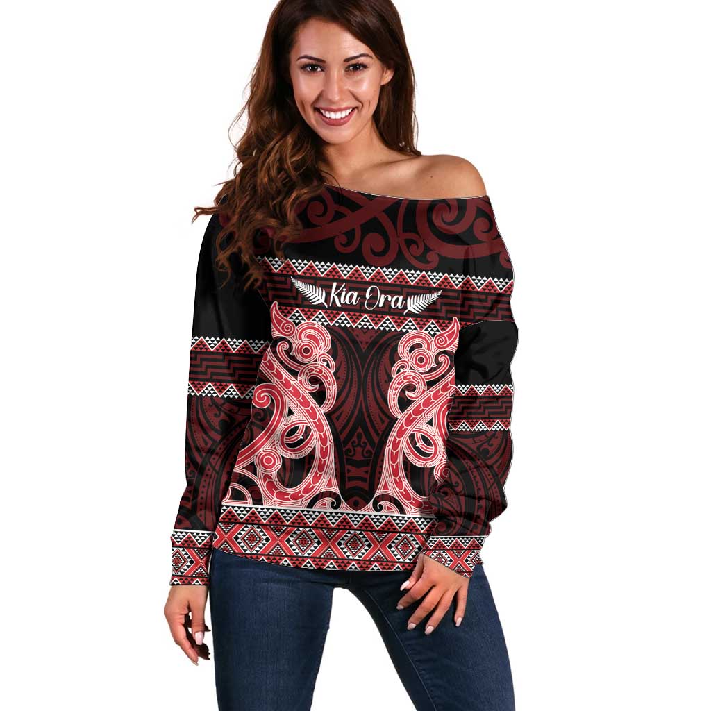 Kia Ora New Zealand Off Shoulder Sweater Maori Language Week Whero Taniko Motif - Polynesian Pride