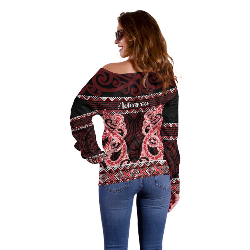 Kia Ora New Zealand Off Shoulder Sweater Maori Language Week Whero Taniko Motif - Polynesian Pride