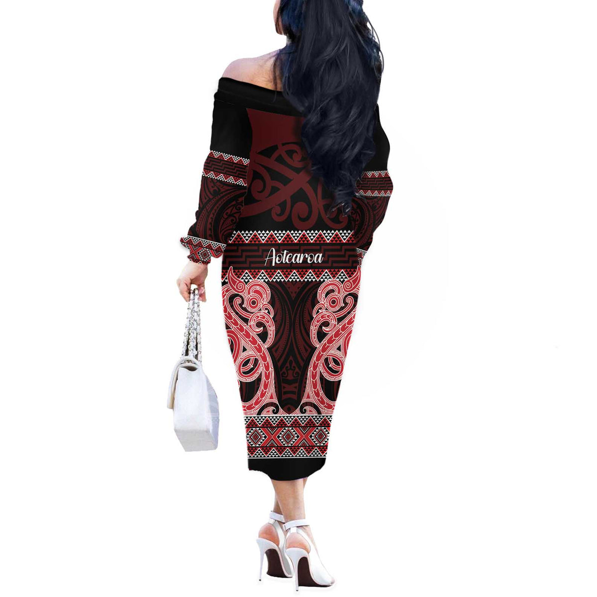 Kia Ora New Zealand Off The Shoulder Long Sleeve Dress Maori Language Week Whero Taniko Motif - Polynesian Pride