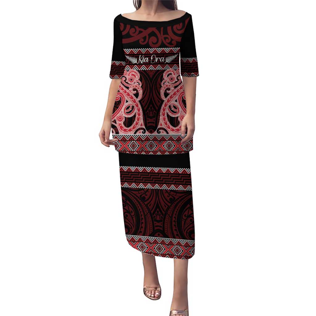 Kia Ora New Zealand Puletasi Maori Language Week Whero Taniko Motif LT14 Long Dress Red - Polynesian Pride