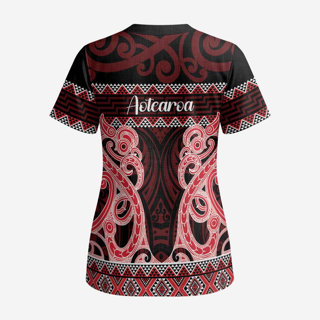 Kia Ora New Zealand Scrub Top Maori Language Week Whero Taniko Motif - Polynesian Pride