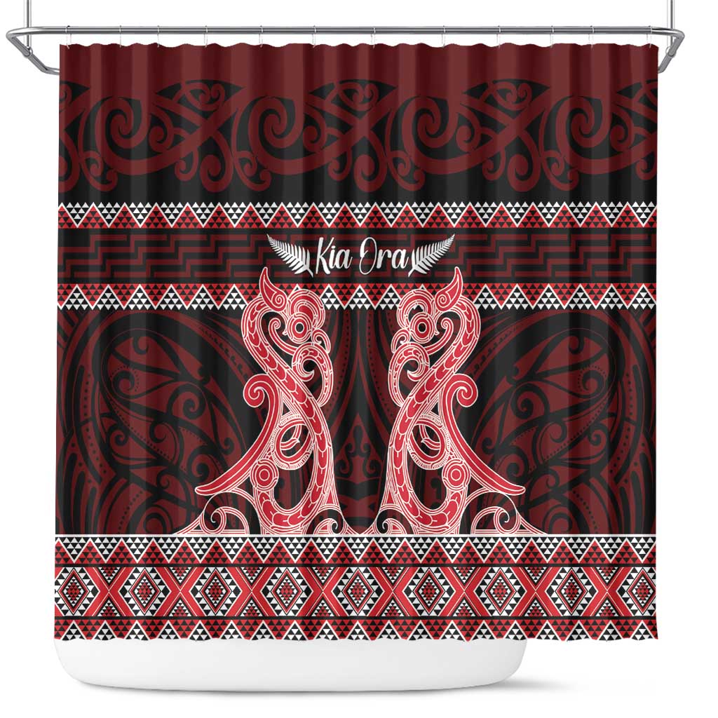 Kia Ora New Zealand Shower Curtain Maori Language Week Whero Taniko Motif LT14 Red - Polynesian Pride