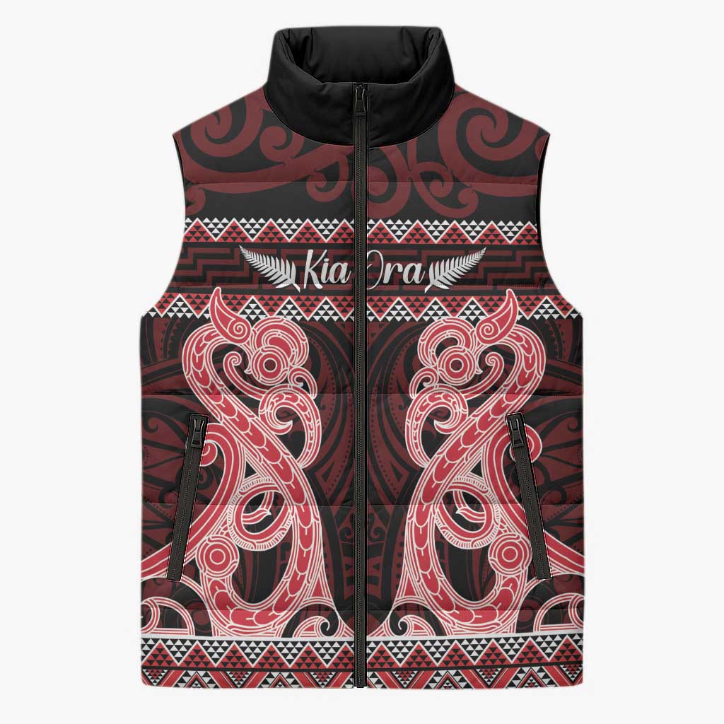 Kia Ora New Zealand Sleeveless Puffer Jacket Maori Language Week Whero Taniko Motif - Polynesian Pride