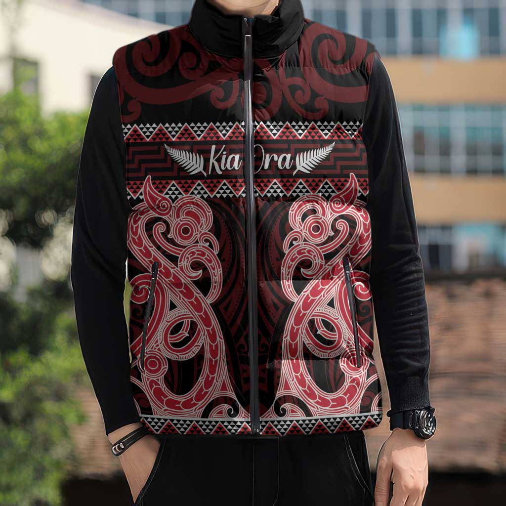Kia Ora New Zealand Sleeveless Puffer Jacket Maori Language Week Whero Taniko Motif - Polynesian Pride
