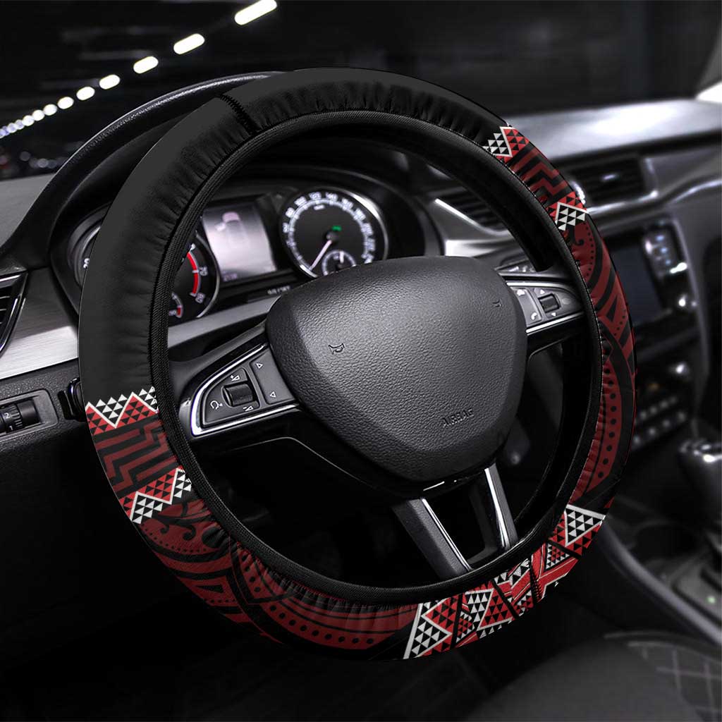 Kia Ora New Zealand Steering Wheel Cover Maori Language Week Whero Taniko Motif LT14 Universal Fit Red - Polynesian Pride