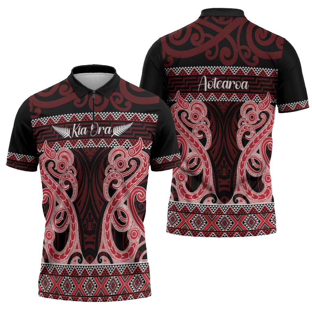 Kia Ora New Zealand Zipper Polo Shirt Maori Language Week Whero Taniko Motif - Polynesian Pride