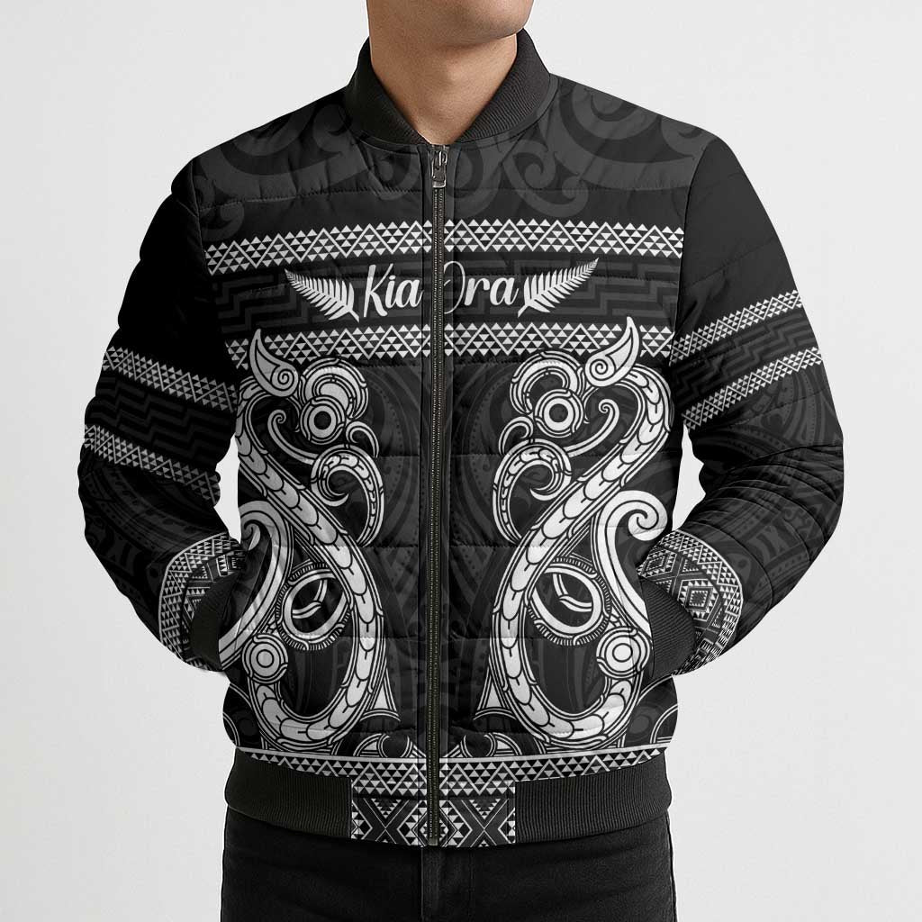 Kia Ora New Zealand Bomber Puffer Jacket Maori Language Week Pango Taniko Motif - Polynesian Pride