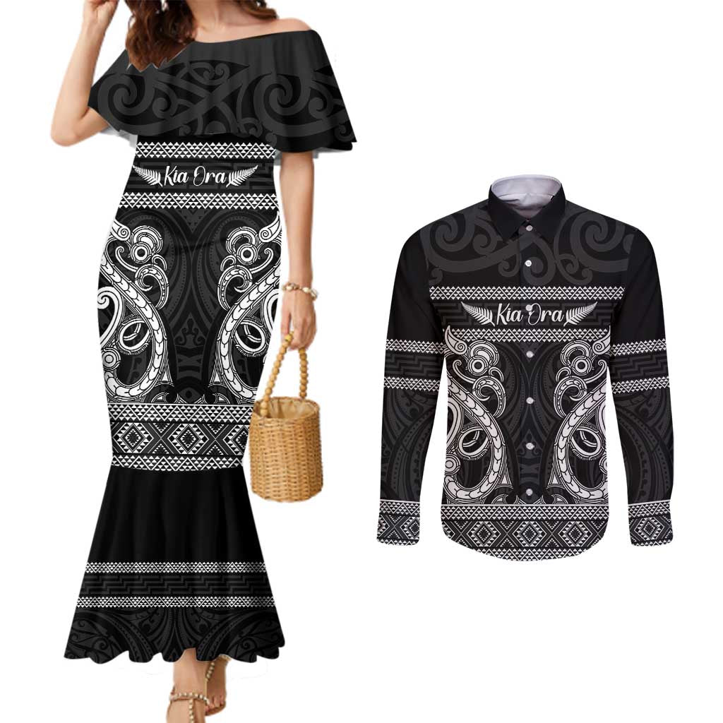Kia Ora New Zealand Couples Matching Mermaid Dress and Long Sleeve Button Shirt Maori Language Week Pango Taniko Motif - Polynesian Pride