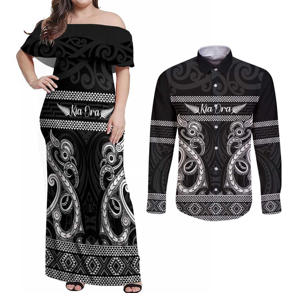 Kia Ora New Zealand Couples Matching Off Shoulder Maxi Dress and Long Sleeve Button Shirt Maori Language Week Pango Taniko Motif - Polynesian Pride