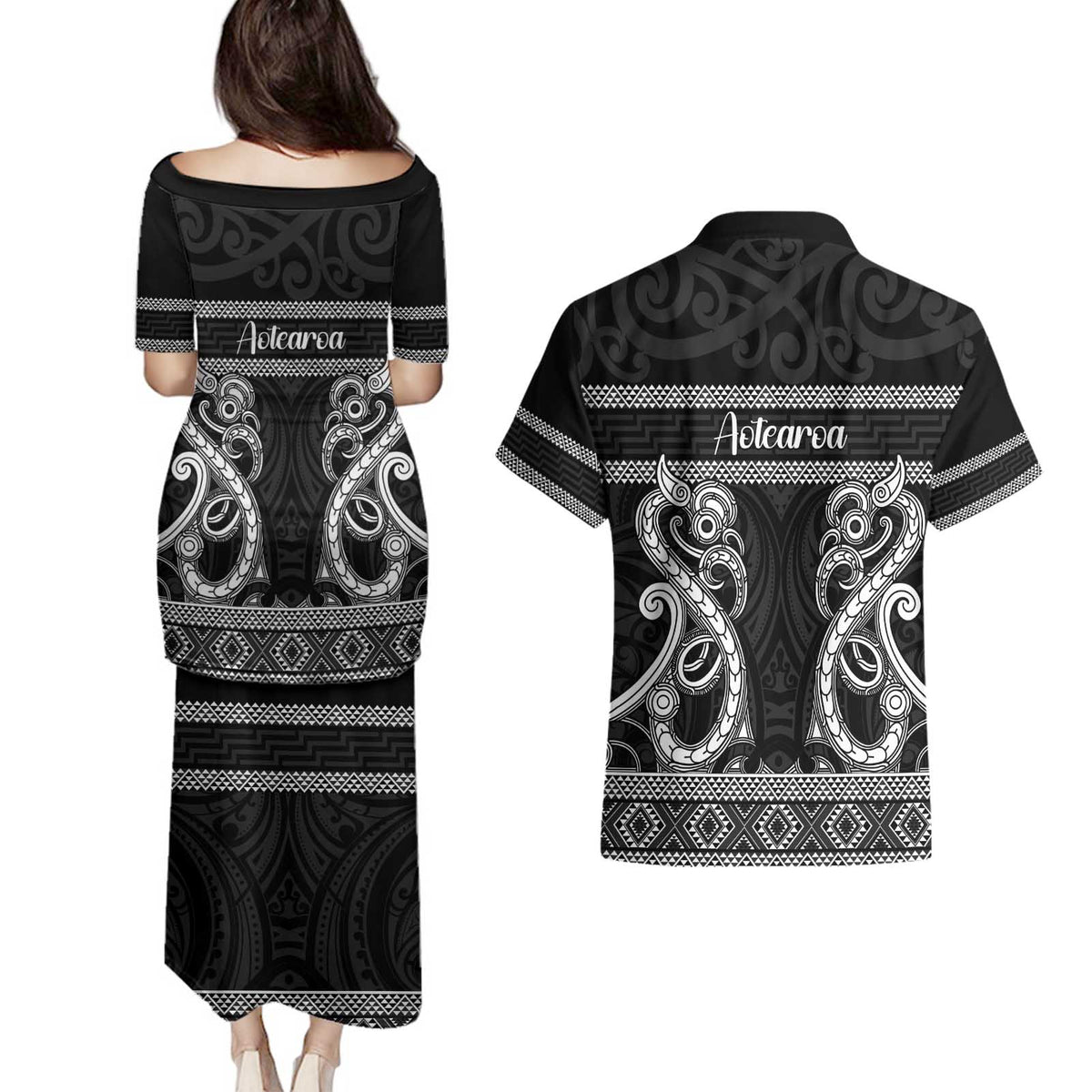 Kia Ora New Zealand Couples Matching Puletasi and Hawaiian Shirt Maori Language Week Pango Taniko Motif - Polynesian Pride