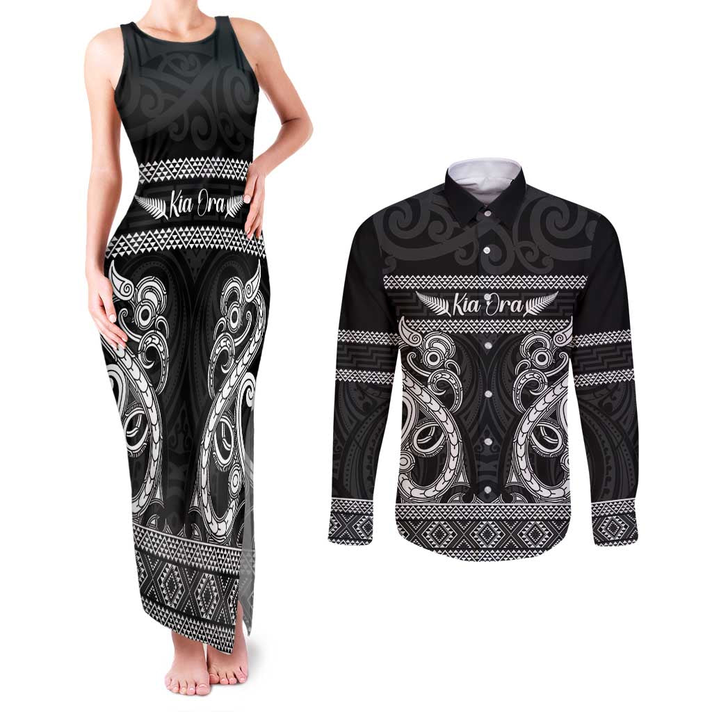 Kia Ora New Zealand Couples Matching Tank Maxi Dress and Long Sleeve Button Shirt Maori Language Week Pango Taniko Motif - Polynesian Pride