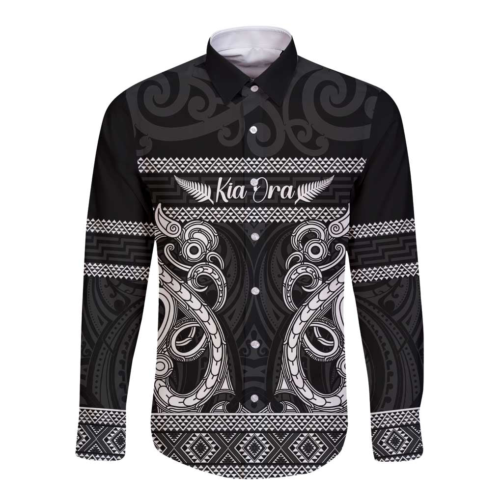 Kia Ora New Zealand Long Sleeve Button Shirt Maori Language Week Pango Taniko Motif - Polynesian Pride