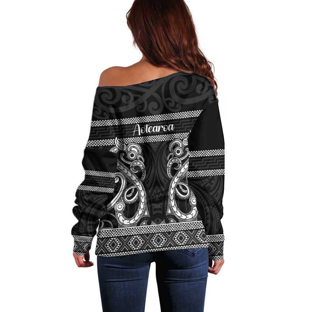 Kia Ora New Zealand Off Shoulder Sweater Maori Language Week Pango Taniko Motif - Polynesian Pride