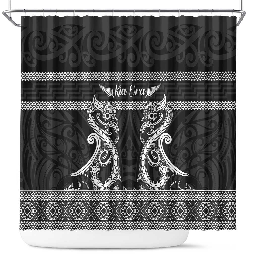 Kia Ora New Zealand Shower Curtain Maori Language Week Pango Taniko Motif LT14 Black - Polynesian Pride