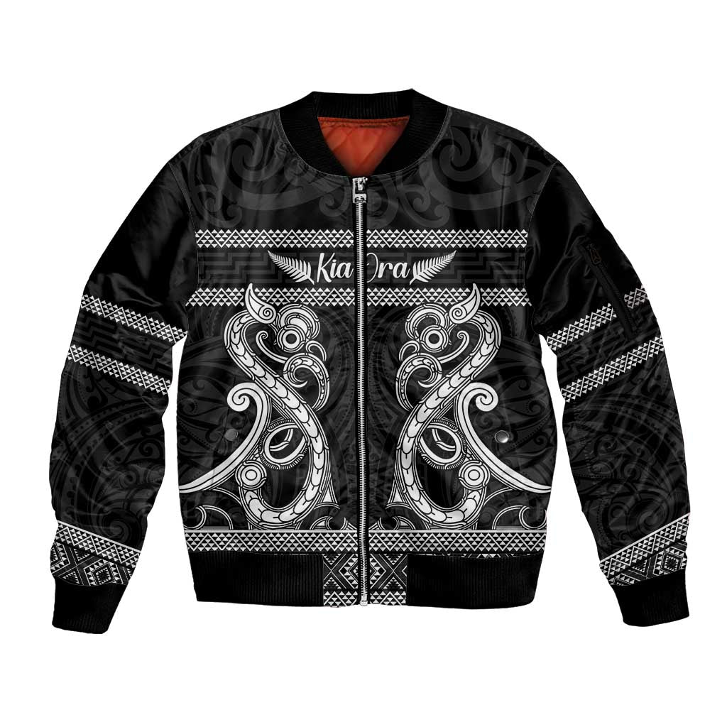 Kia Ora New Zealand Sleeve Zip Bomber Jacket Maori Language Week Pango Taniko Motif LT14 Unisex Black - Polynesian Pride