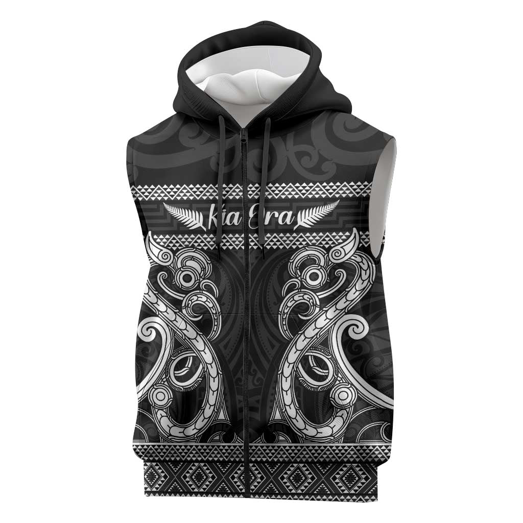 Kia Ora New Zealand Sleeveless Zip Hoodie Maori Language Week Pango Taniko Motif LT14 Black - Polynesian Pride