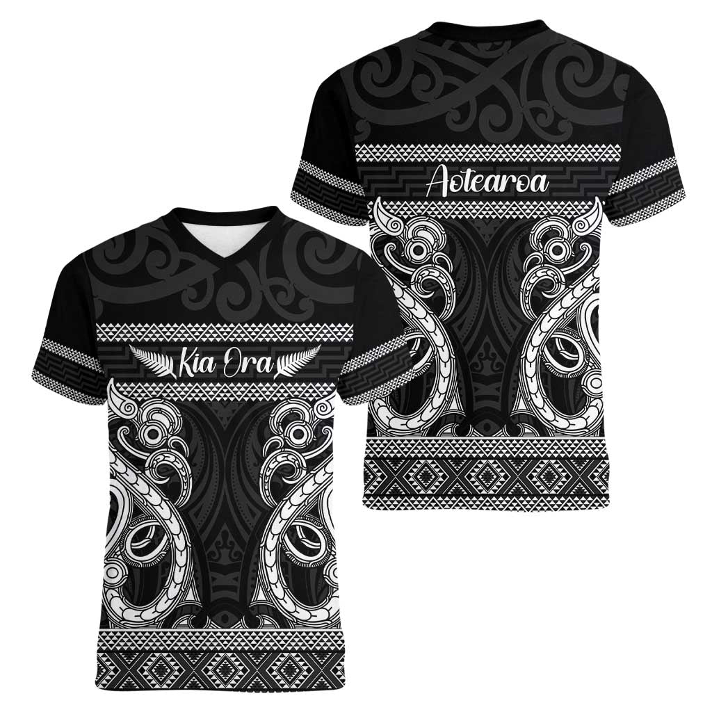 Kia Ora New Zealand Women V-Neck T-Shirt Maori Language Week Pango Taniko Motif - Polynesian Pride