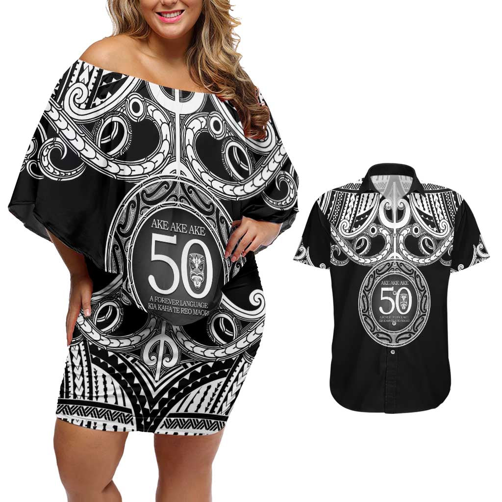 Kia Kaha Te Reo Maori New Zealand Couples Matching Off Shoulder Short Dress and Hawaiian Shirt 50th Anniversary Ake Ake Ake - Polynesian Pride