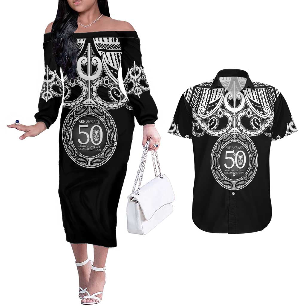 Kia Kaha Te Reo Maori New Zealand Couples Matching Off The Shoulder Long Sleeve Dress and Hawaiian Shirt 50th Anniversary Ake Ake Ake - Polynesian Pride