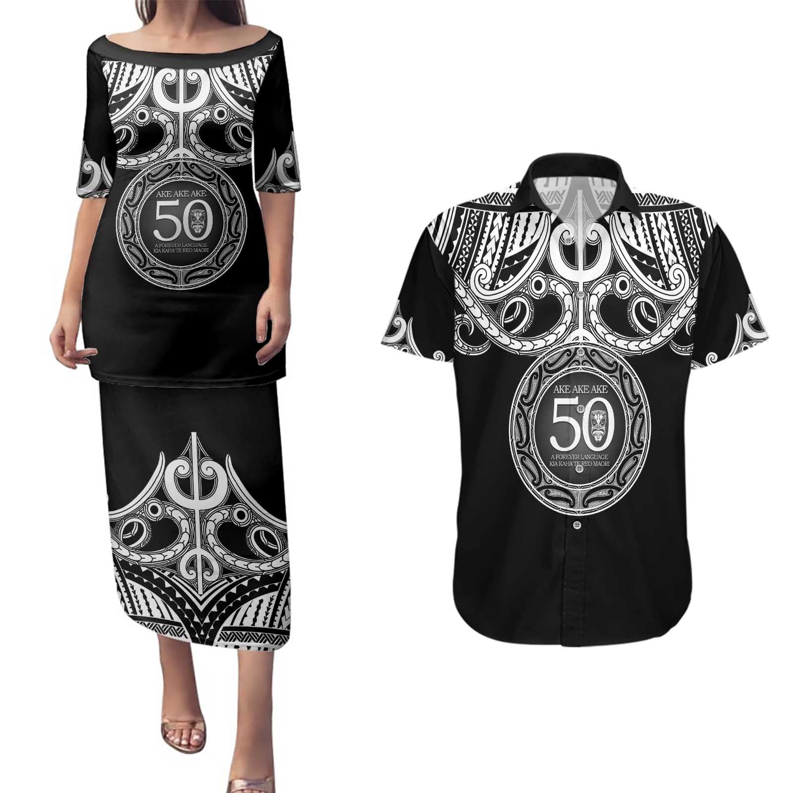 Kia Kaha Te Reo Maori New Zealand Couples Matching Puletasi and Hawaiian Shirt 50th Anniversary Ake Ake Ake - Polynesian Pride