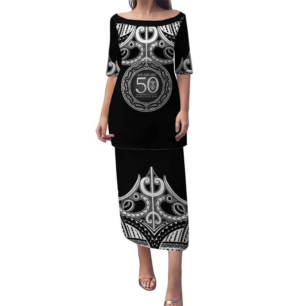 Kia Kaha Te Reo Maori New Zealand Puletasi 50th Anniversary Ake Ake Ake LT14 Long Dress Black - Polynesian Pride
