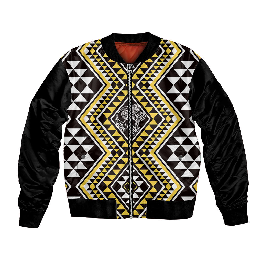 New Zealand Kowhai Taniko Motifs Bomber Jacket Maori Poi Dance Costume Inspired LT14 Unisex Yellow - Polynesian Pride