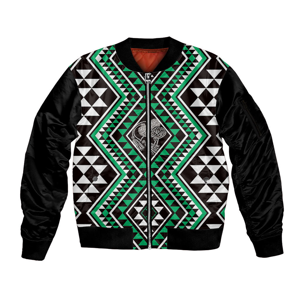 New Zealand Kakariki Taniko Motifs Sleeve Zip Bomber Jacket Maori Poi Dance Costume Inspired LT14 Unisex Green - Polynesian Pride