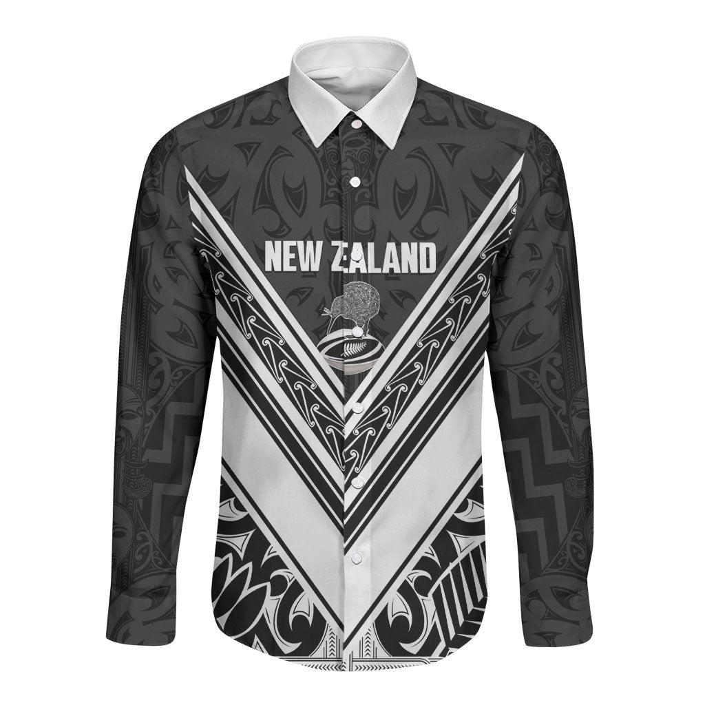 New Zealand Silver Fern Rugby Custom Long Sleeve Button Shirt Go Wheel Kiwi Maori Pattern LT14 Unisex White - Polynesian Pride