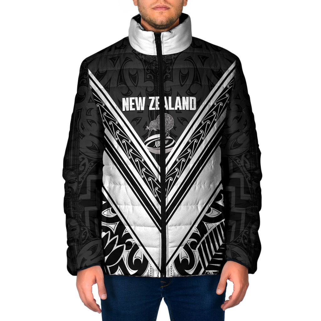 New Zealand Silver Fern Rugby Custom Padded Jacket Go Wheel Kiwi Maori Pattern LT14 Men White - Polynesian Pride