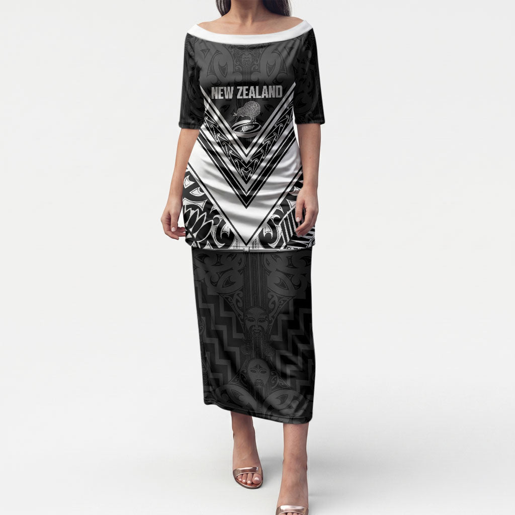 New Zealand Silver Fern Rugby Custom Puletasi Go Wheel Kiwi Maori Pattern LT14 Long Dress White - Polynesian Pride