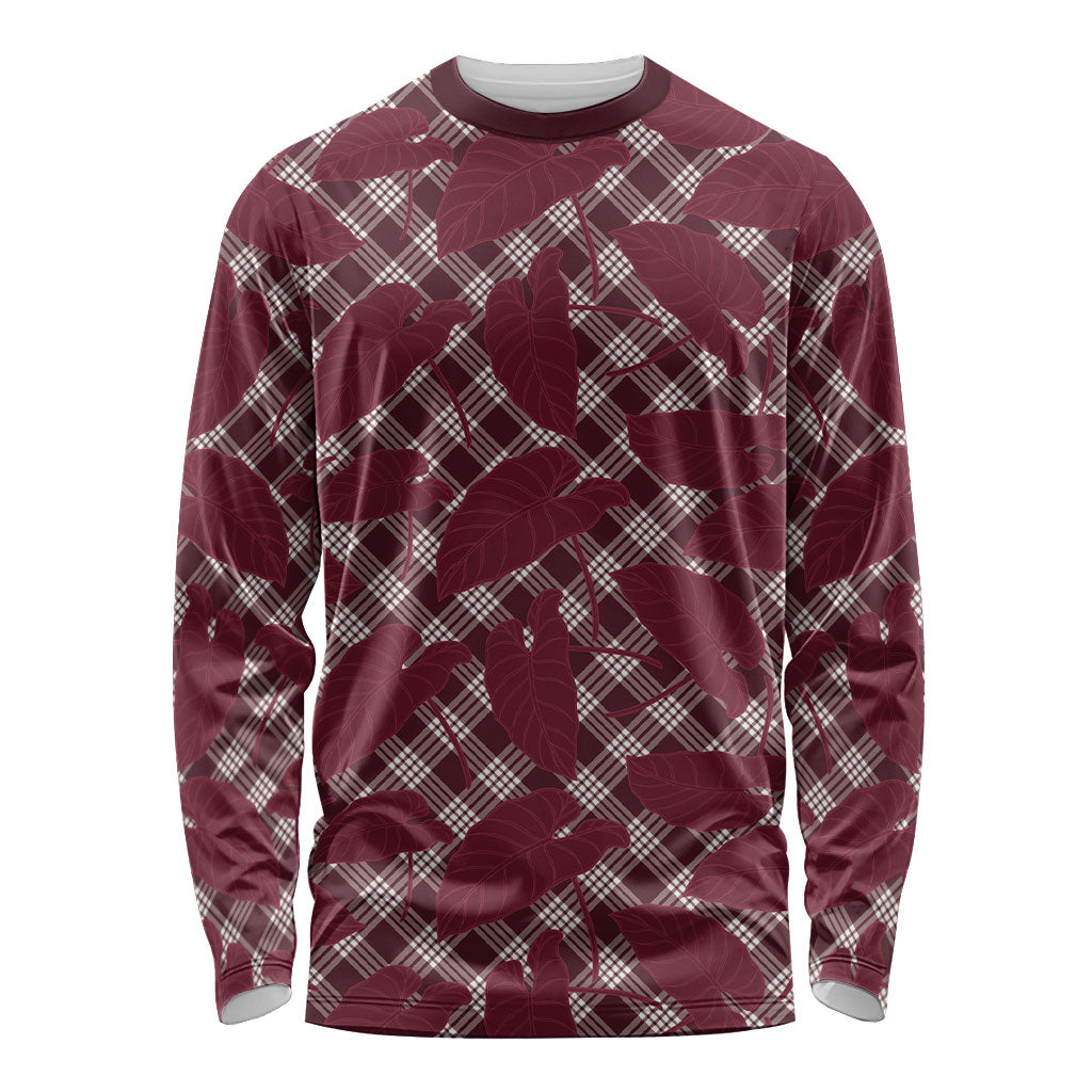 Burgundy Hawaii Kalo Palaka Motifs Long Sleeve Shirt Hawaiian Taro Leaves Elegant Vibes LT14 Unisex Burgundy - Polynesian Pride