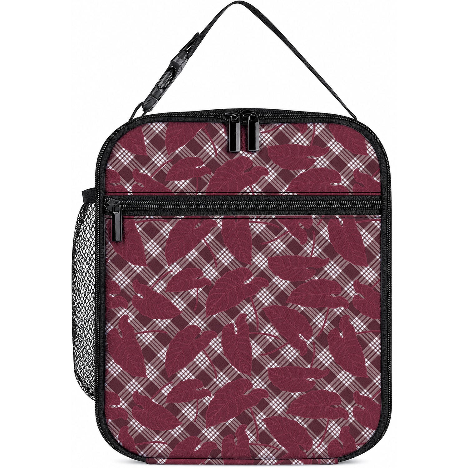 Burgundy Hawaii Kalo Palaka Motifs Lunch Bag Hawaiian Taro Leaves Elegant Vibes LT14 10.2 × 8.3 × 4.3 inch Burgundy - Polynesian Pride