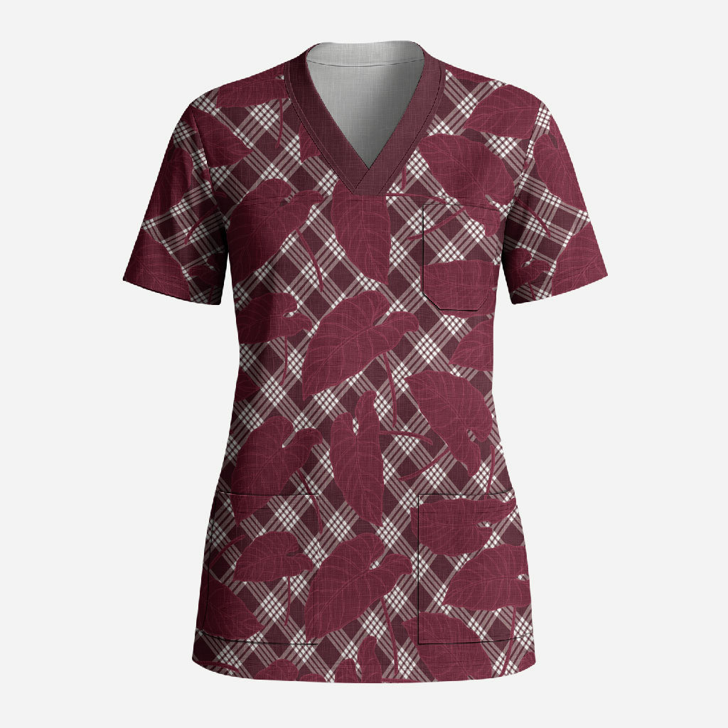 Burgundy Hawaii Kalo Palaka Motifs Scrub Top Hawaiian Taro Leaves Elegant Vibes LT14 Adult Burgundy - Polynesian Pride